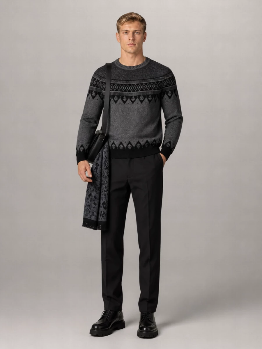 Mc Queen Wool Skull Jacquard Crew Neck Long Sleeve Jumper