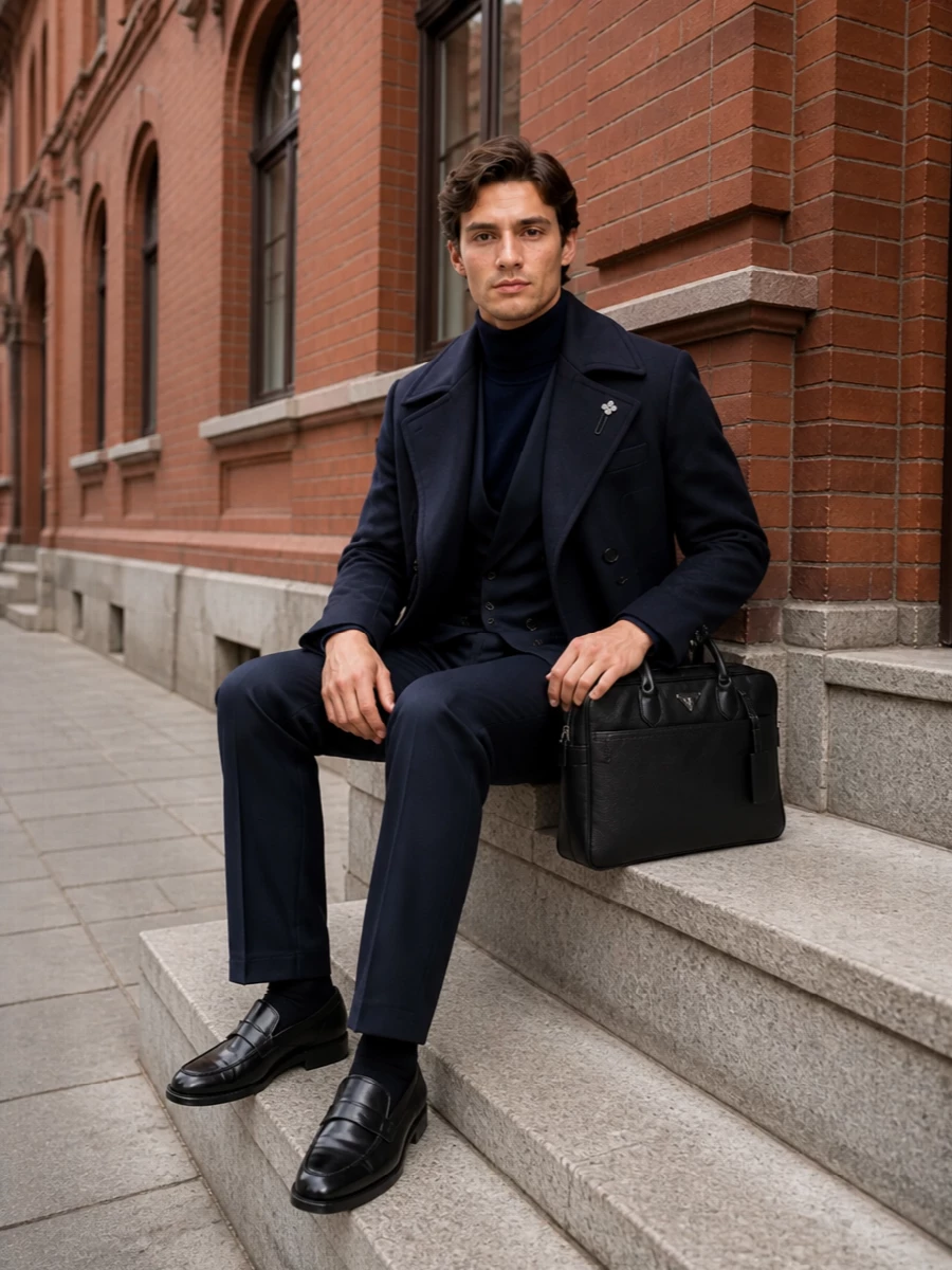 Lardini navy pea coat double breasted blazer outfit