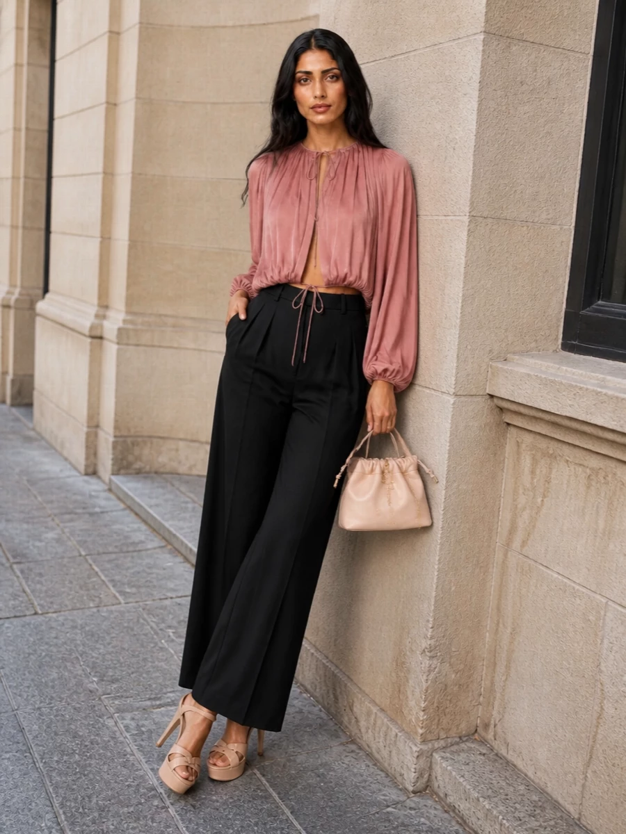 Saint laurent dusty rose top black wide leg trousers