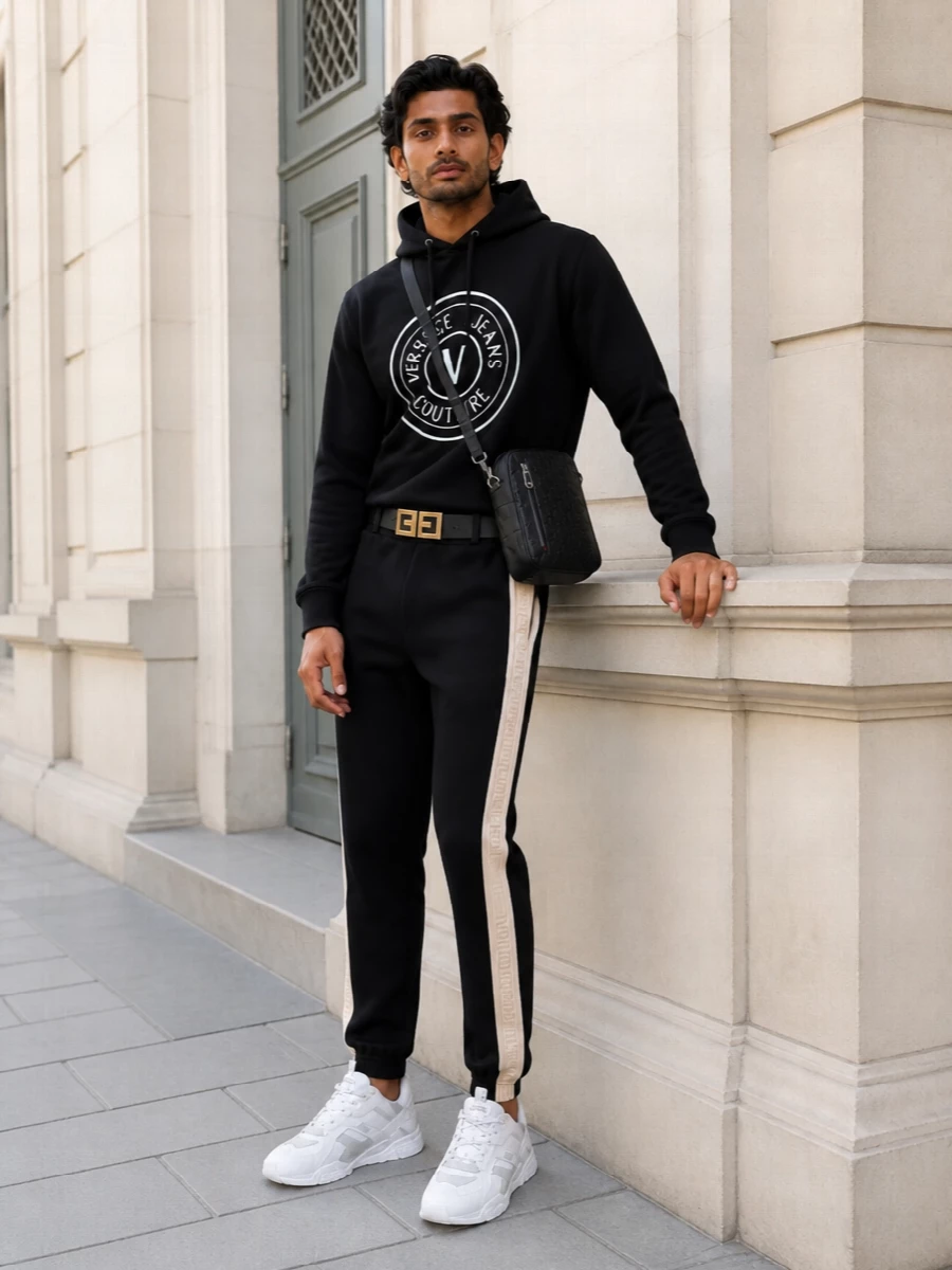 Versace hoodie black track pants white sneakers