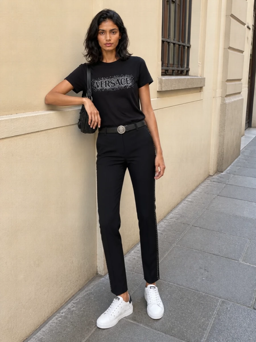Versace crystal logo tee black studded trousers