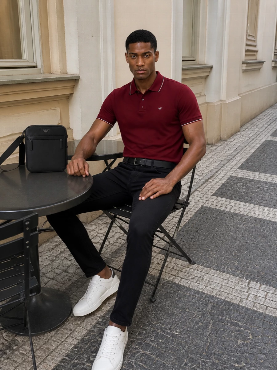 Emporio armani burgundy polo black jeans outfit