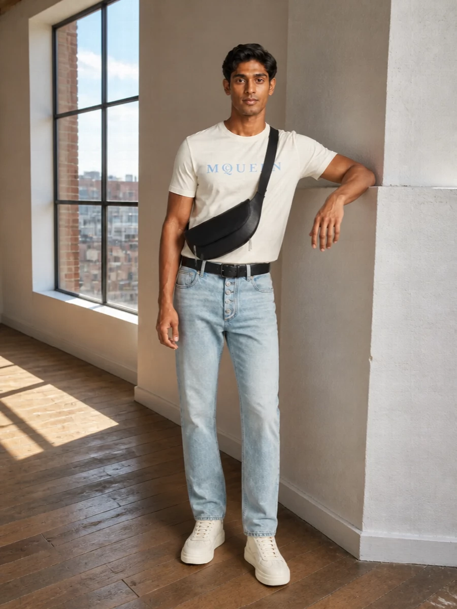 Alexander mcqueen cream logo tee light jeans outfit