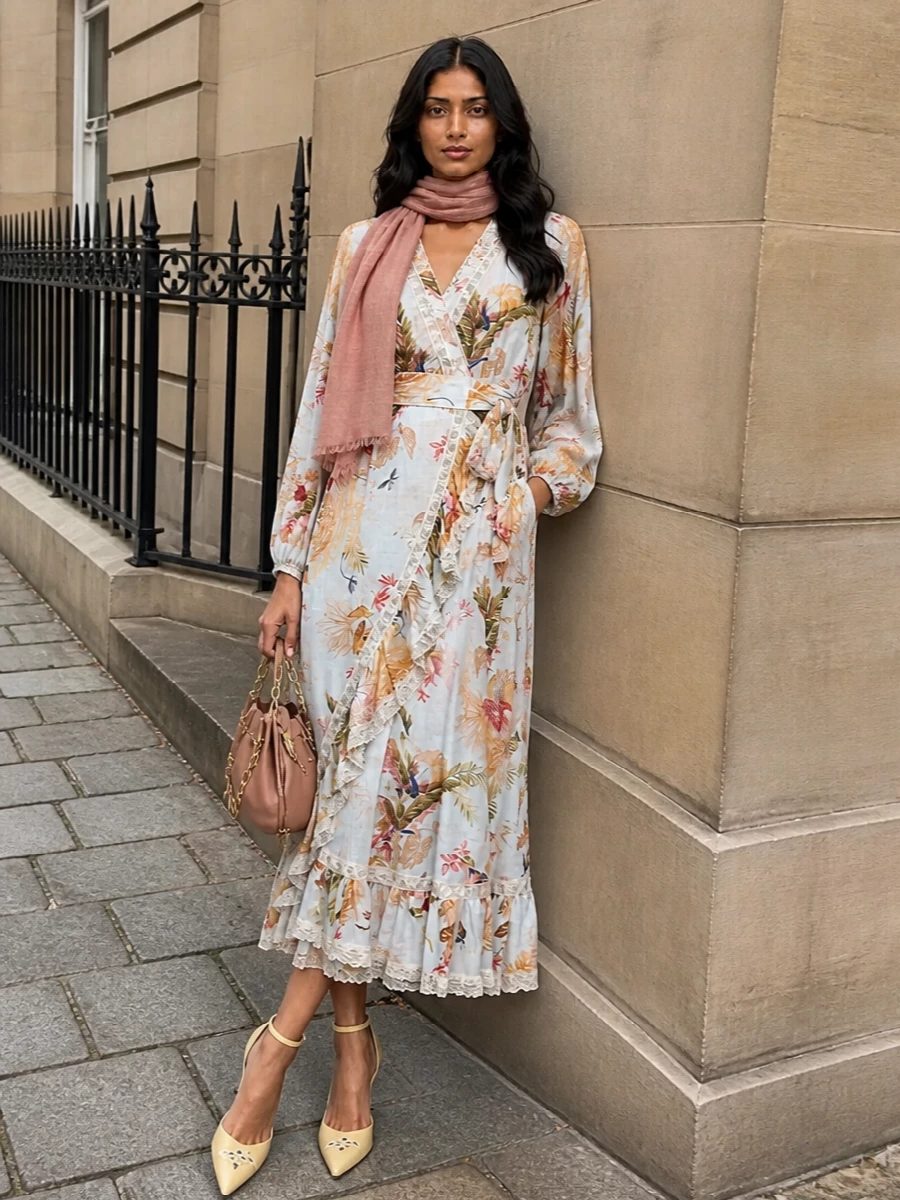 A romantic Zimmermann floral wrap dress is paired with butter-yellow Valentino heels and a rose-tan gathered mini bag for a soft, occasion-ready palette. The dusty-rose scarf adds a whisper of warmth and shimmer, keeping the mood gentle and feminine for garden weddings, long lunches, or early autumn celebrations.