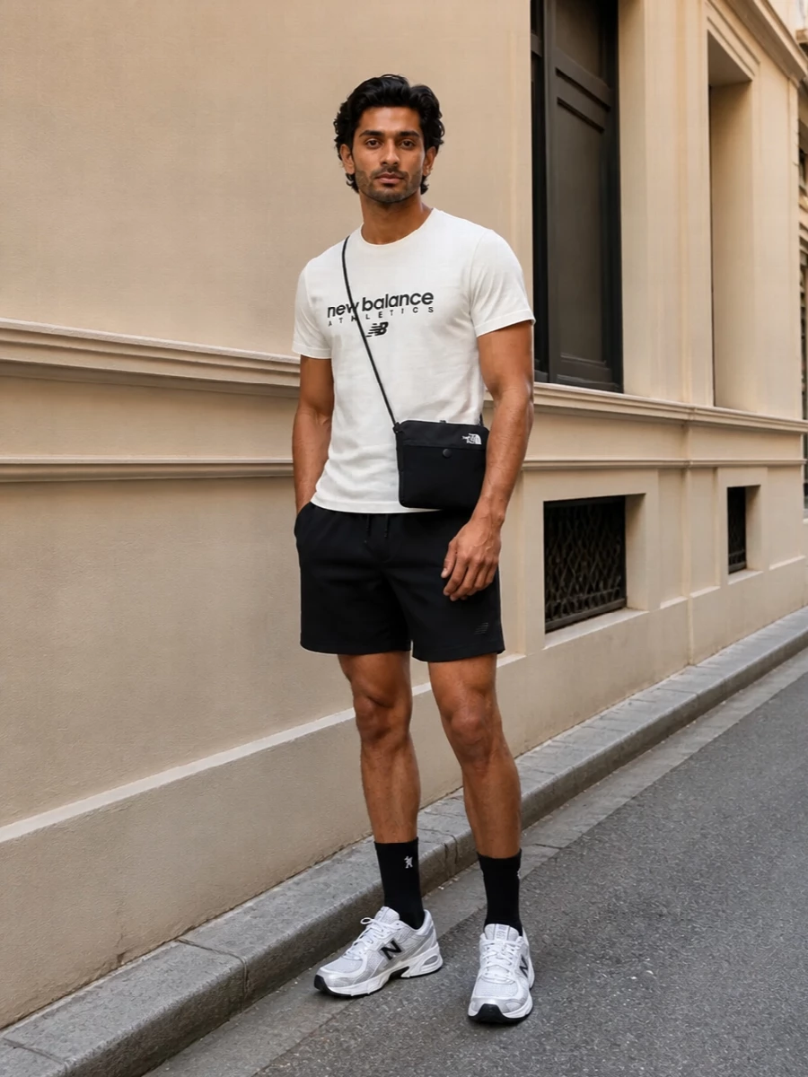 New balance black sport shorts outfit white runners
