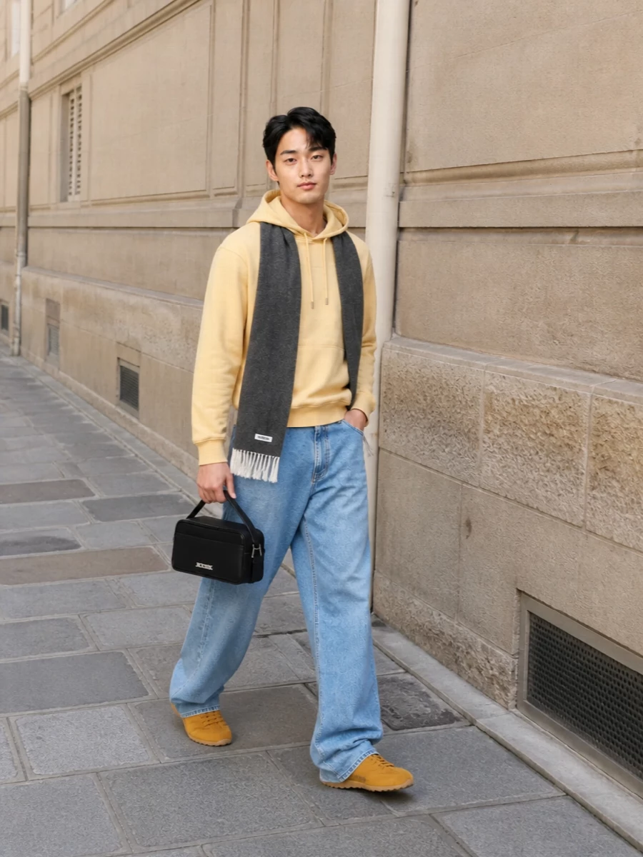 A butter-toned Jacquemus hoodie sits over relaxed, puddling light-wash Jacquemus denim for an easy, softly oversized streetwear silhouette. Mustard corduroy sneakers extend the warm neutral story while adding texture, and a compact black Jacquemus box bag plus a charcoal scarf sharpen the look just enough to feel intentional yet still off-duty. The result is understated, tonal and quietly luxurious, ideal for city days when you want comfort with a considered edge.