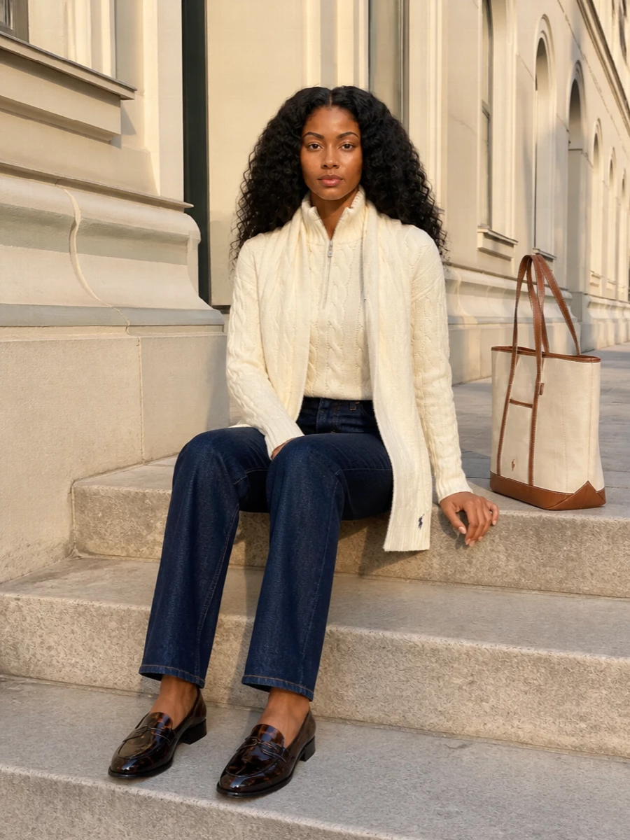 A cream cable half zip meets dark indigo straight denim for an easy, collegiate take on quiet luxury. Glossy tortoiseshell loafers and a structured cream‑and‑tan tote keep it city ready without feeling stiff. A winter‑white cable scarf finishes the palette in a way that feels both intentional and relaxed for colder days.