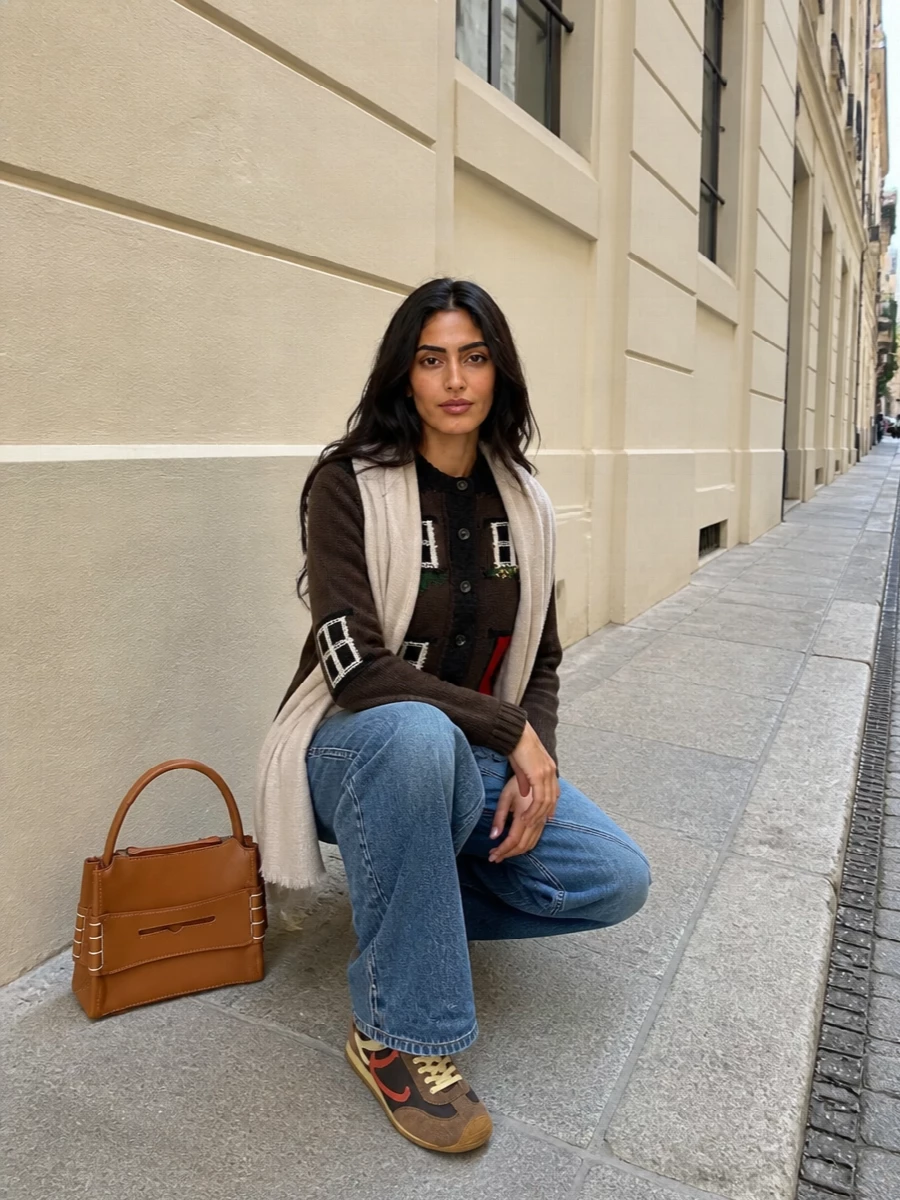 A story-rich JW Anderson cardigan meets sculpted wide-leg denim for a streetwise take on quiet craft. Chocolate-toned runners and a caramel top-handle keep the palette warm and grounded, while the soft neutral wrap adds a whisper of texture around the shoulders. The result is relaxed but considered, ideal for city days that move from coffee to galleries to dinner.