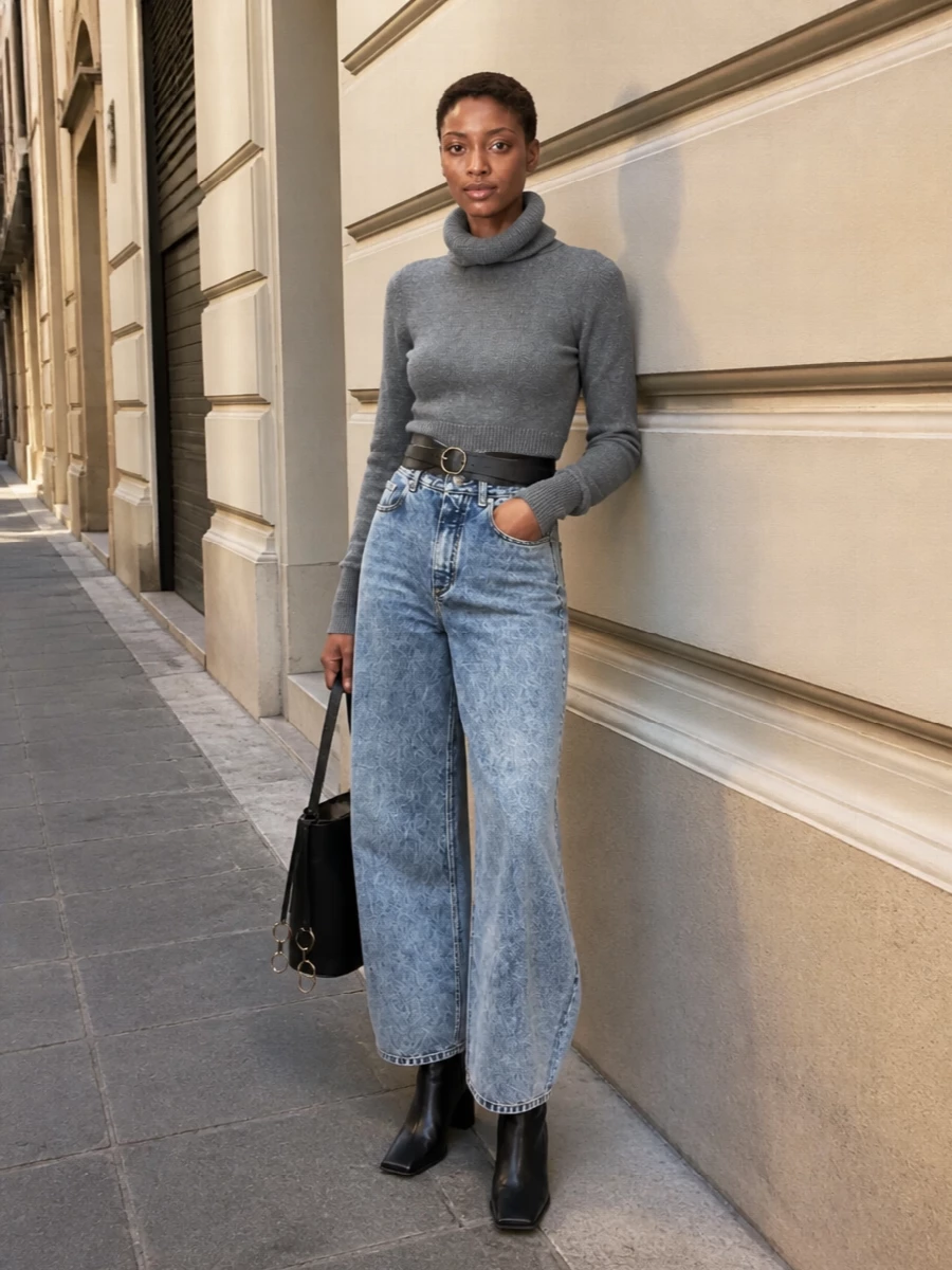 Alaia wide leg jeans sculpted turtleneck outfit