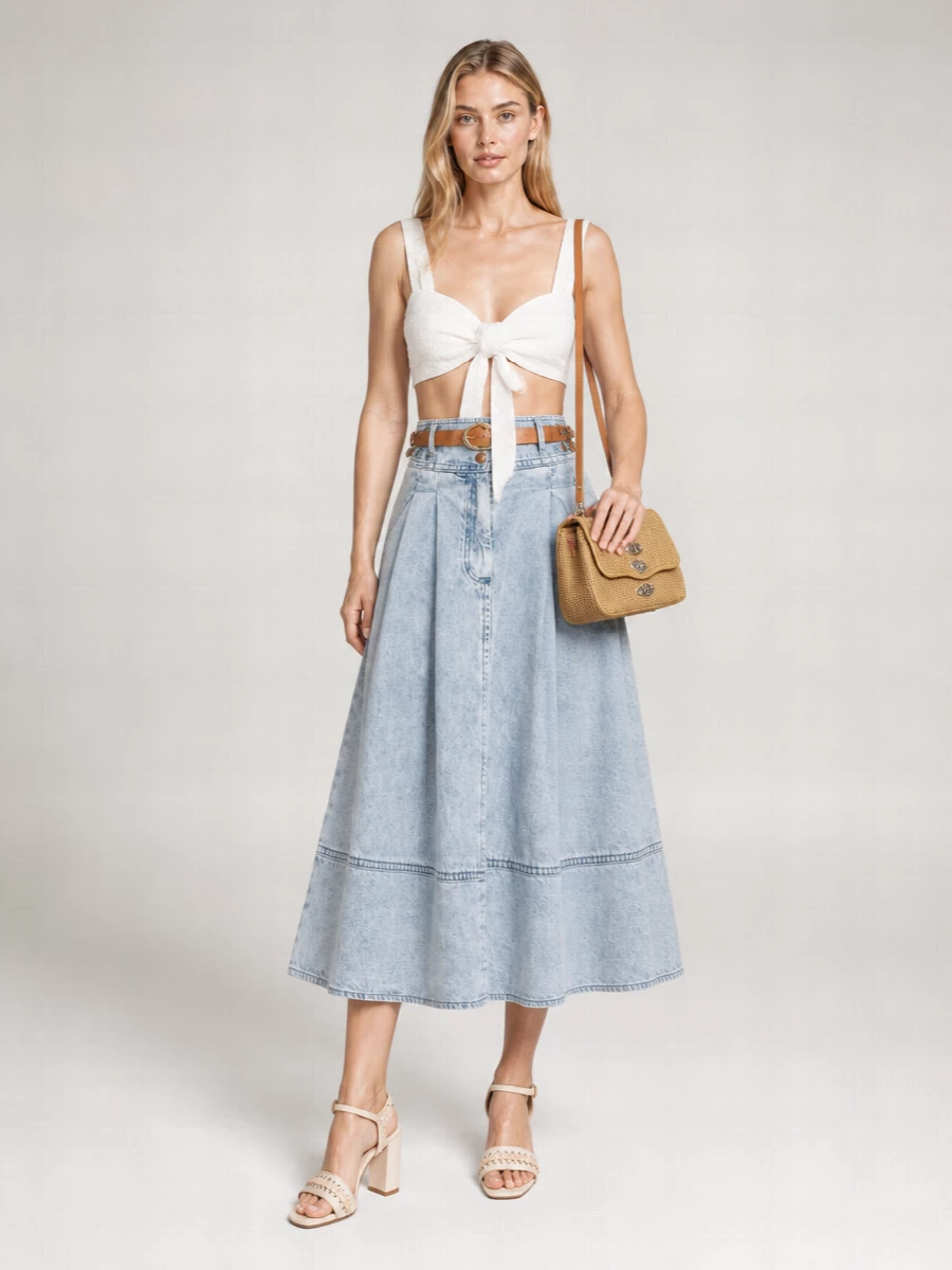 Zimmermann Denim Pleated Paneled Maxi Skirt