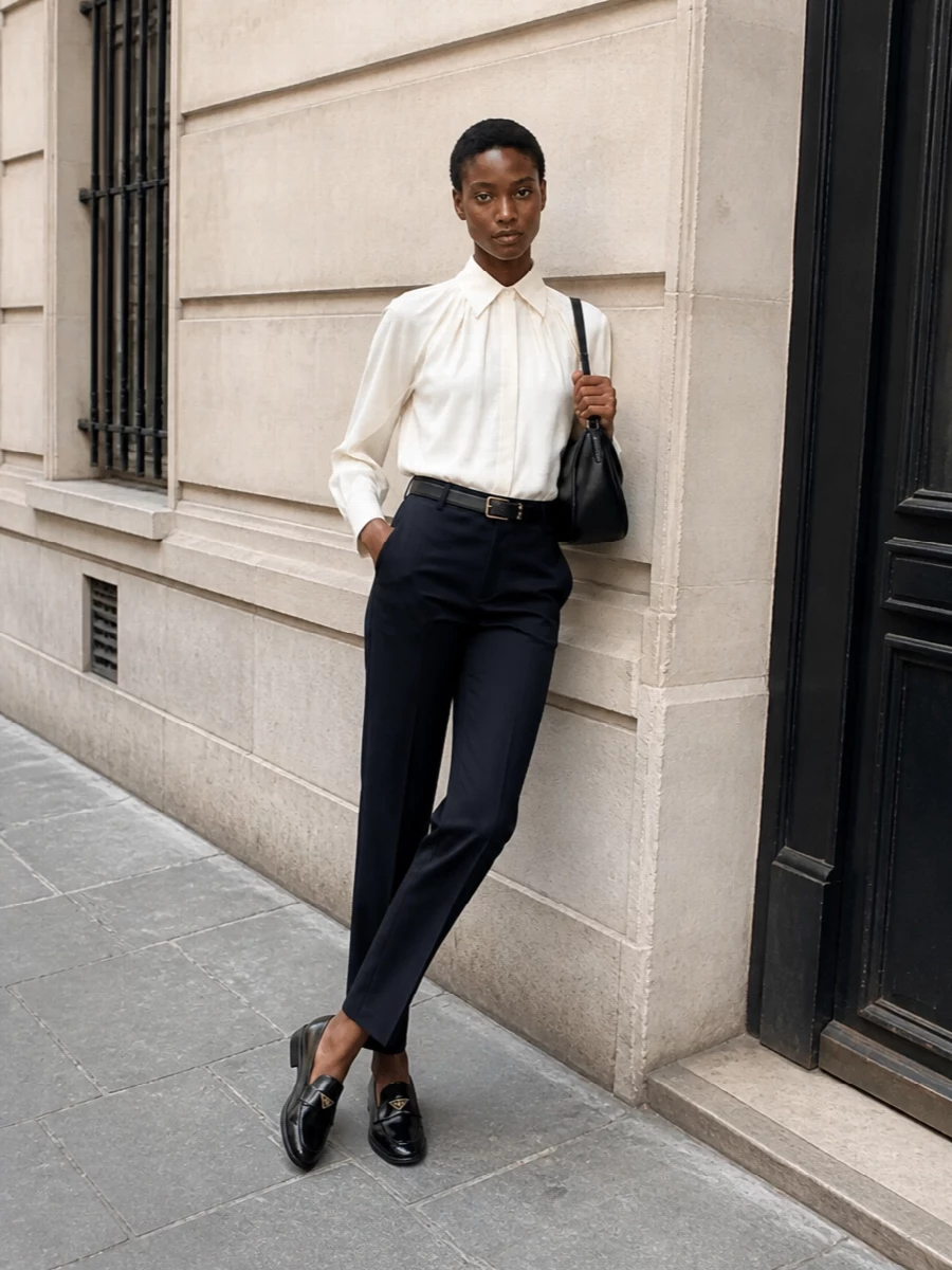 Max mara blouse tailored navy trousers outfit