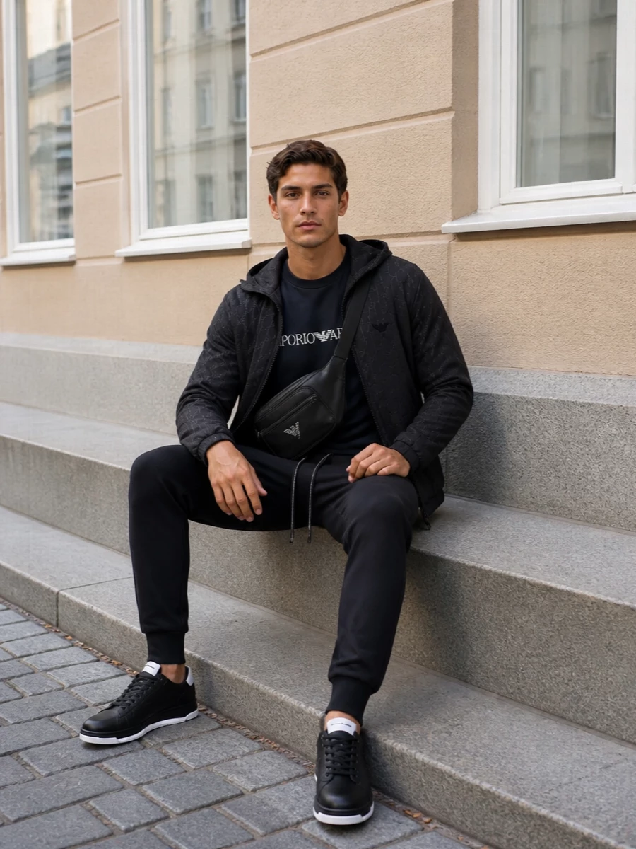 Emporio armani black monogram jacket outfit men