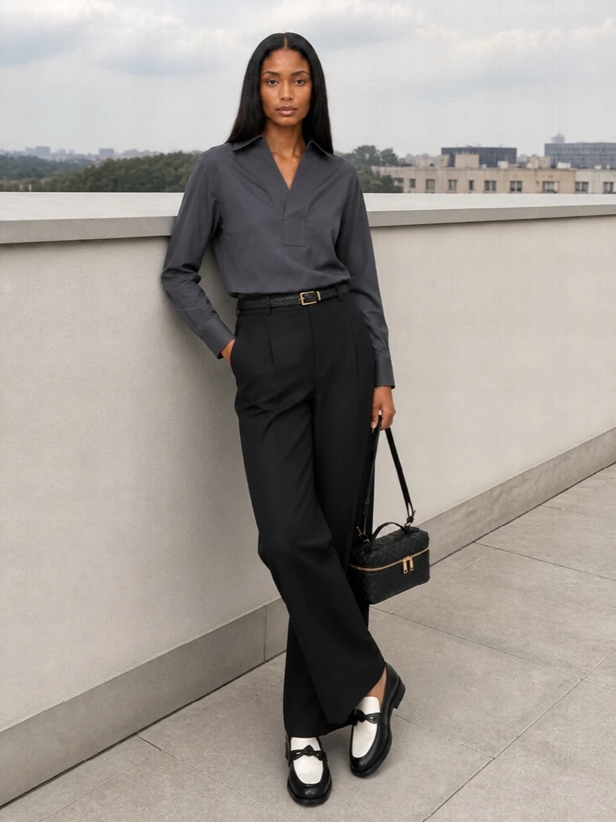 Bottega veneta charcoal shirt black wide leg trousers