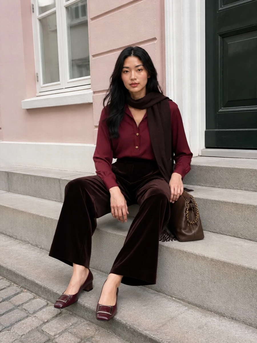Max mara velvet trousers burgundy blouse outfit