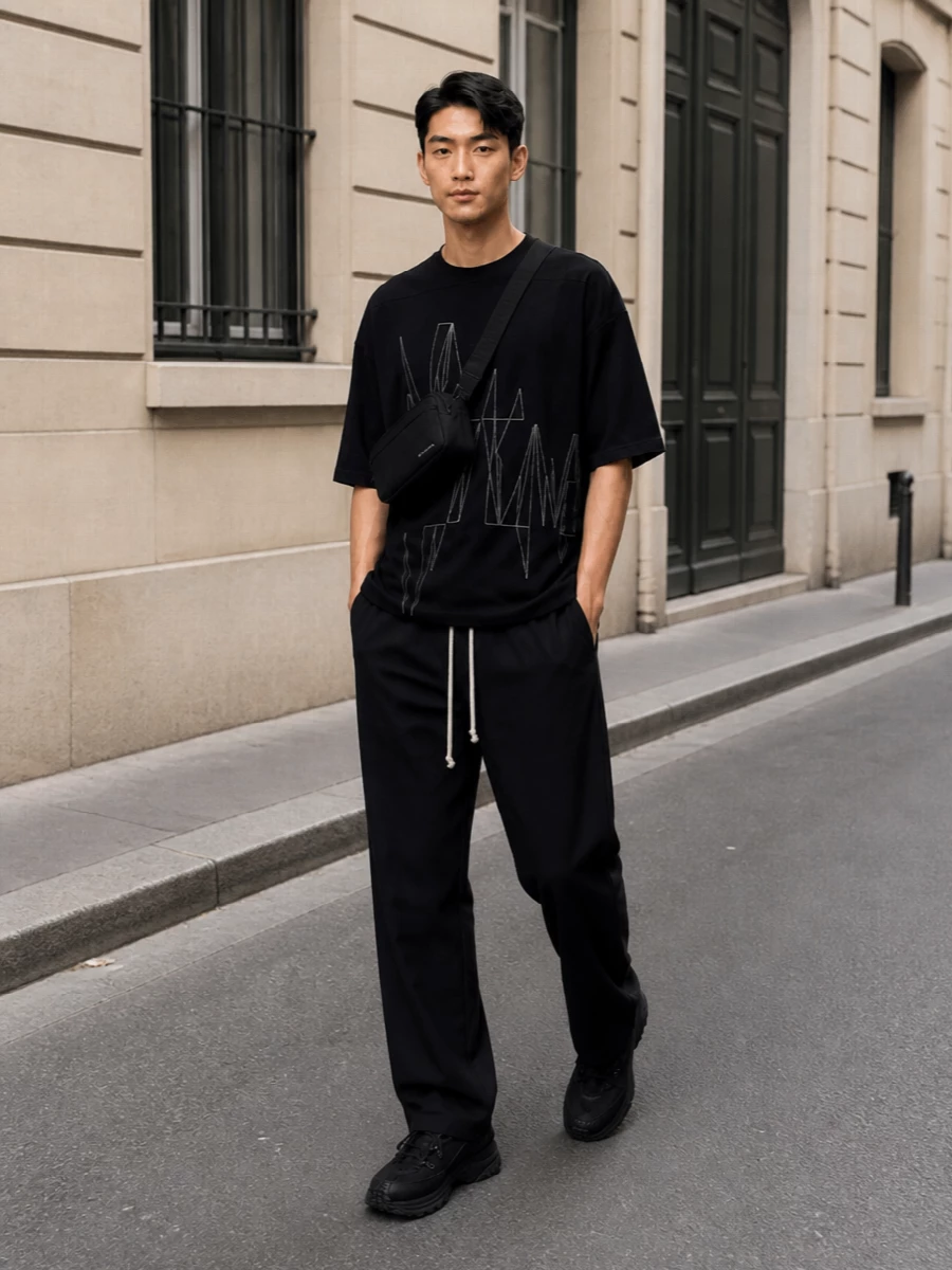Moncler graphic tee black track pants outfit