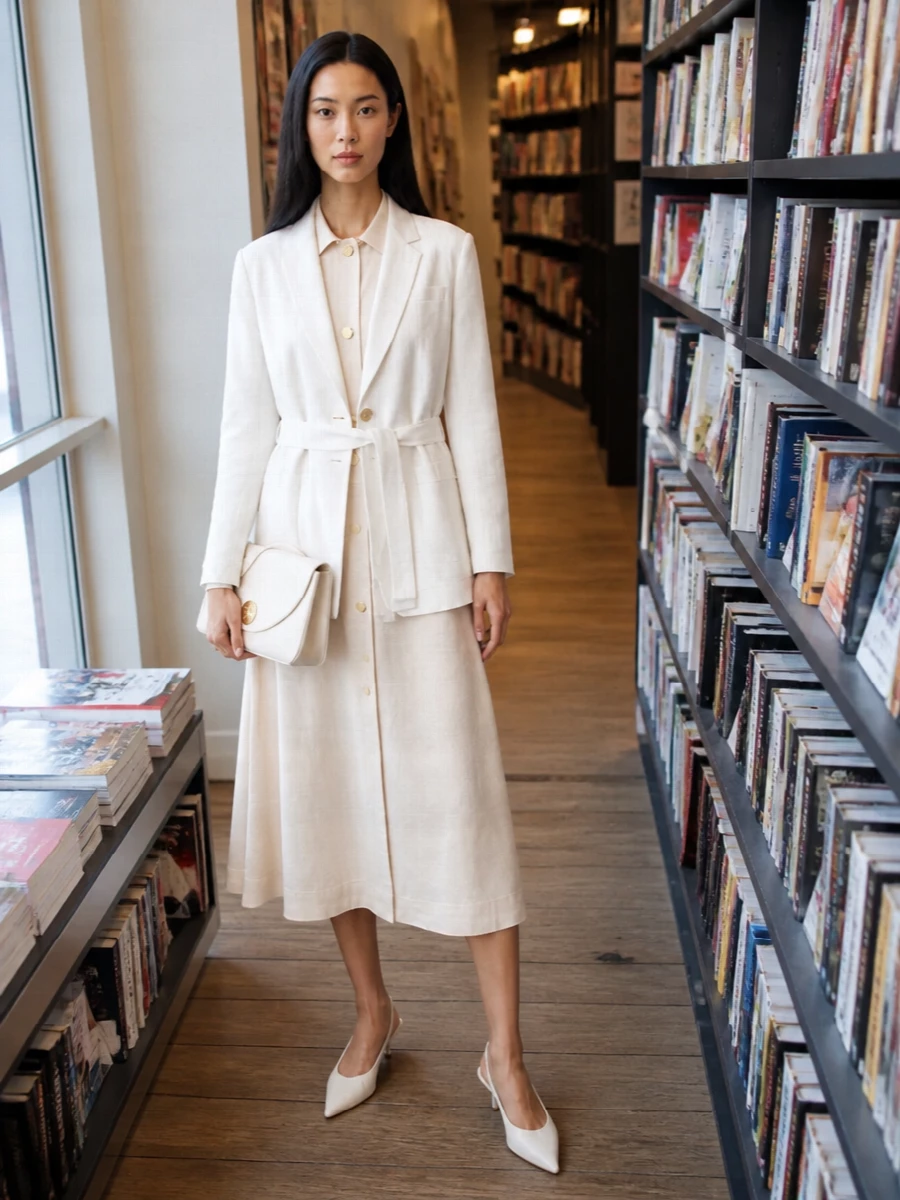 S max mara beige dress semicouture white blazer