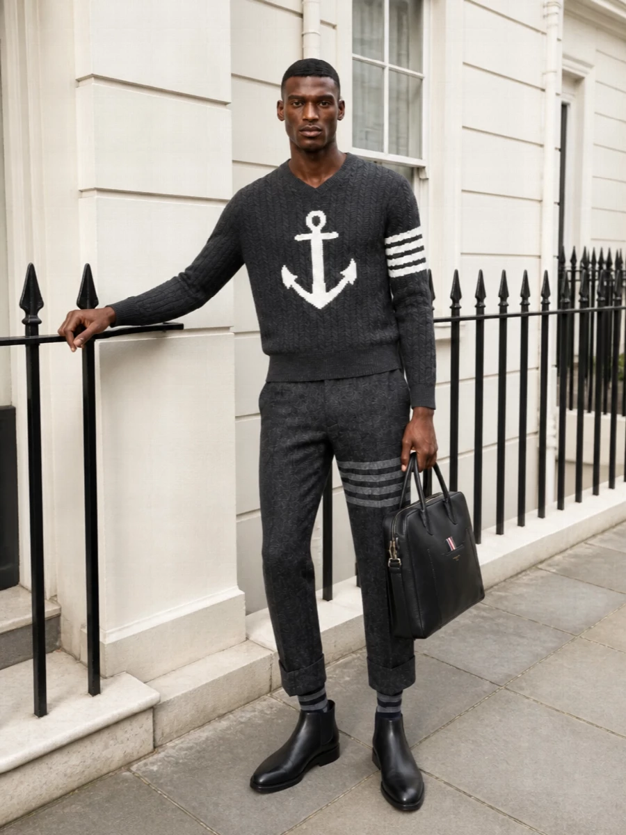 Thom browne anchor sweater grey cropped trousers