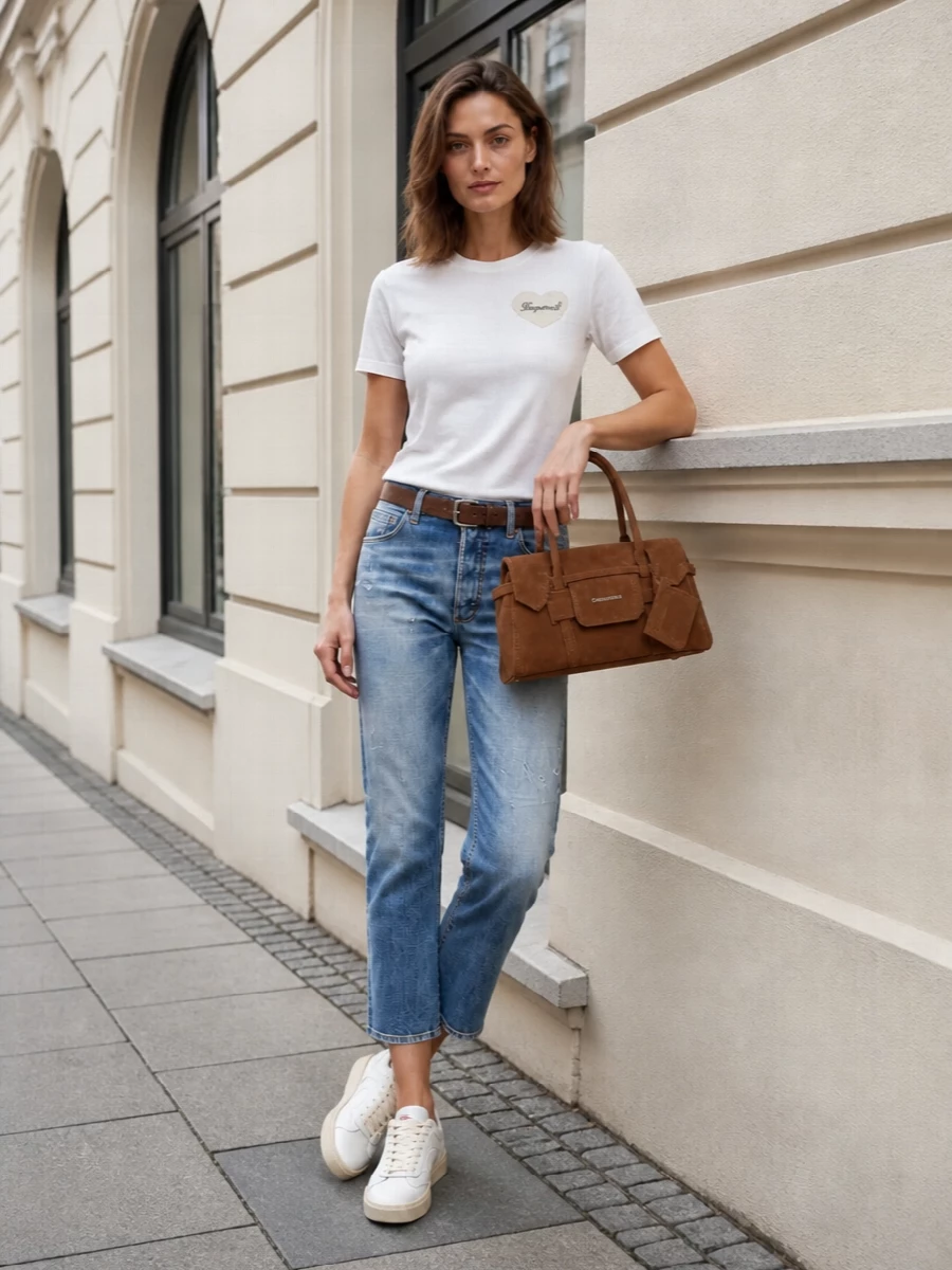 A soft white logo tee is paired with cropped faded denim for an easy, preppy streetwear uniform that still feels considered. Vintage-leaning off-white sneakers keep things relaxed, while a tan suede bag and matching belt warm up the palette and add just enough polish for coffee runs, galleries or casual dinners.