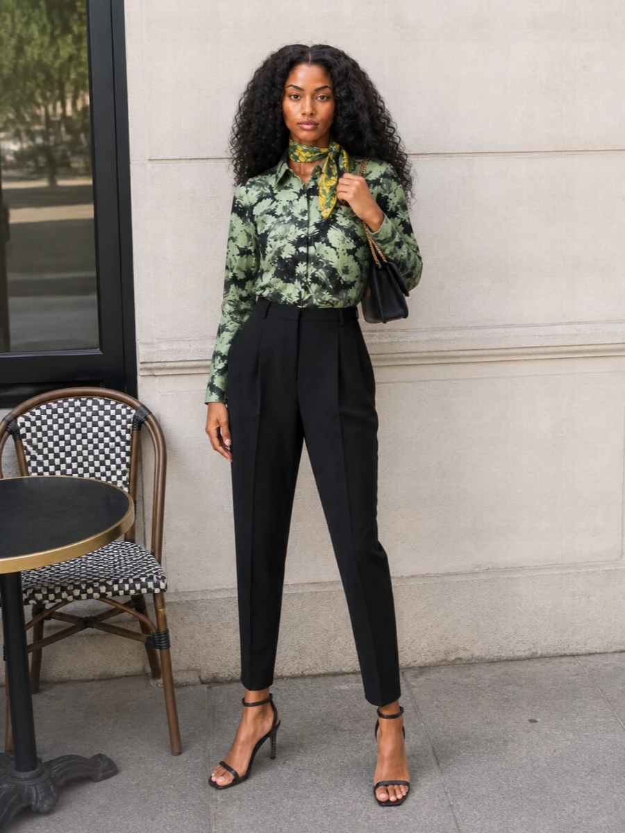 Tory burch floral shirt black tailored trousers