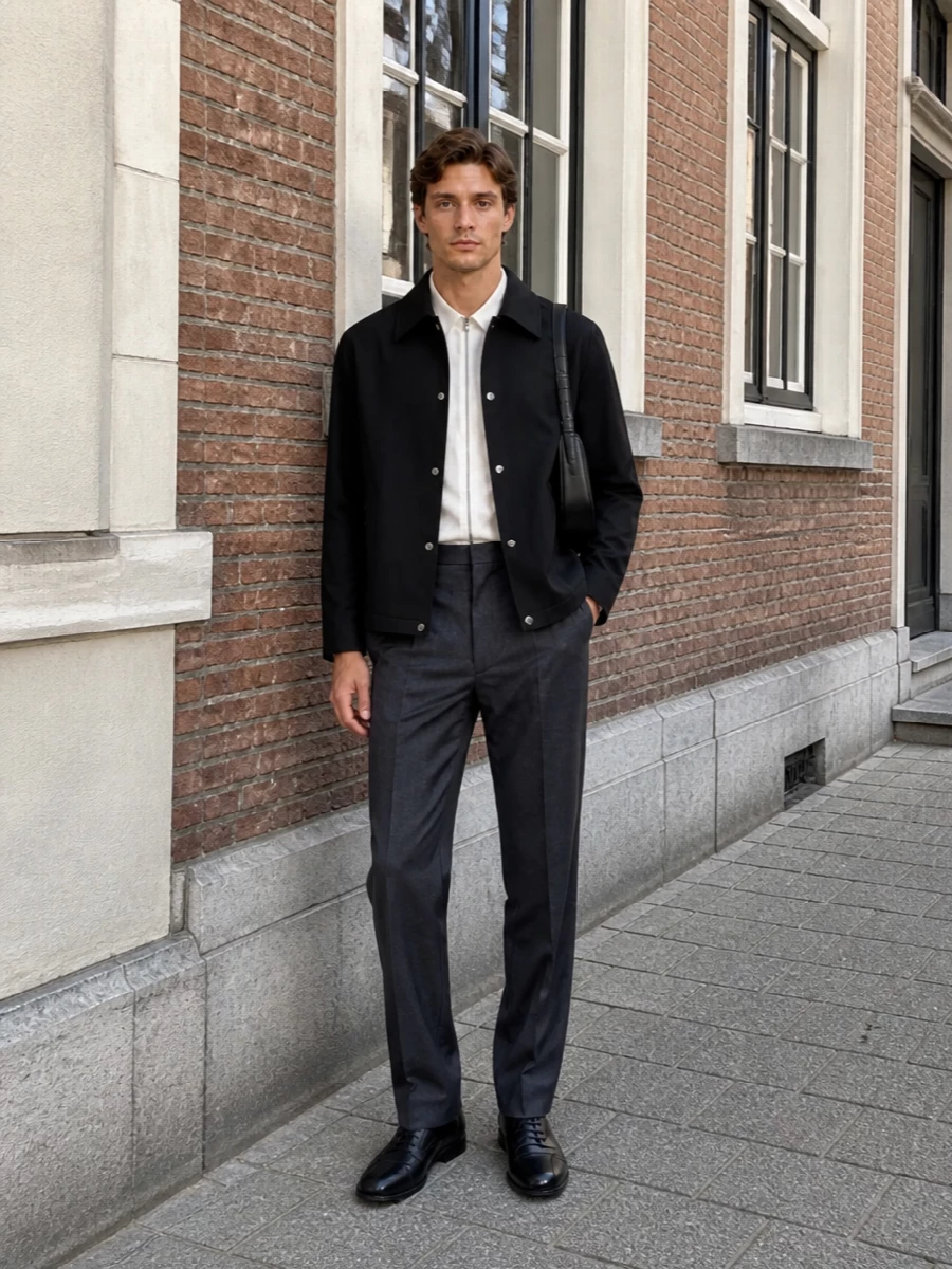 Jil sander black jacket charcoal trouser outfit