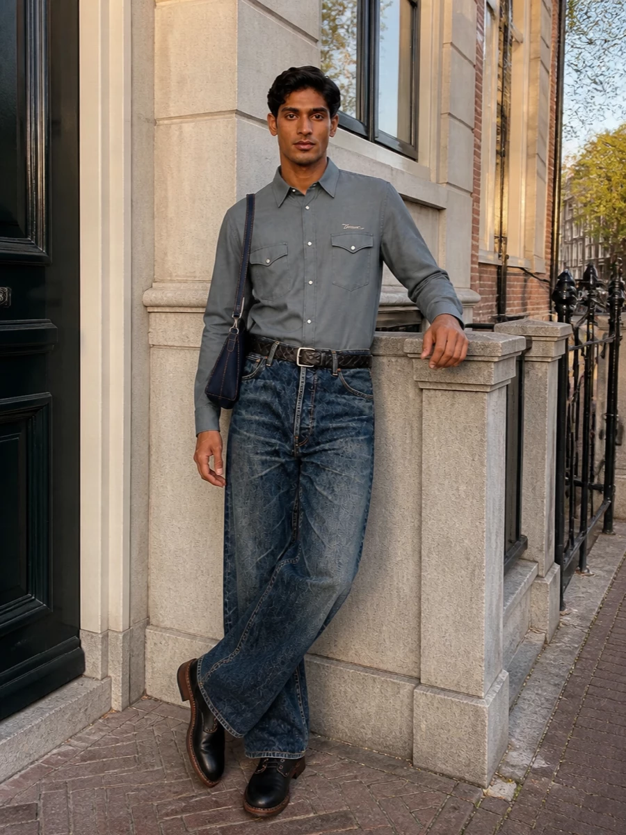 Visvim wide leg jeans western shirt boots