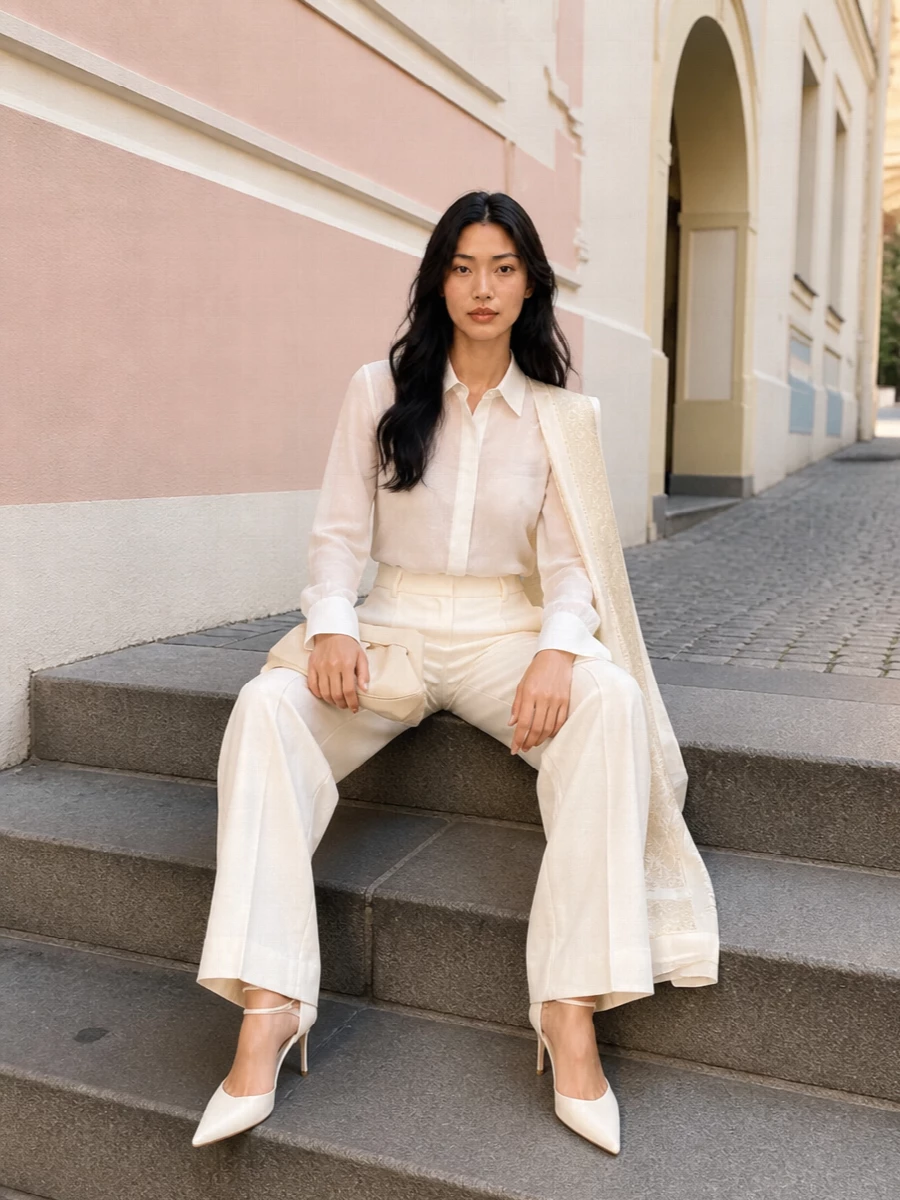 A sheer white shirt and soft-ivory wide-leg trouser create a long, tonal column that feels quietly confident from meeting room to late dinner. The pointed ivory stiletto and buttercream clutch keep every line sharp but understated, letting texture and cut do the work. It is an exercise in low-contrast tailoring for someone who prefers polish without noise.