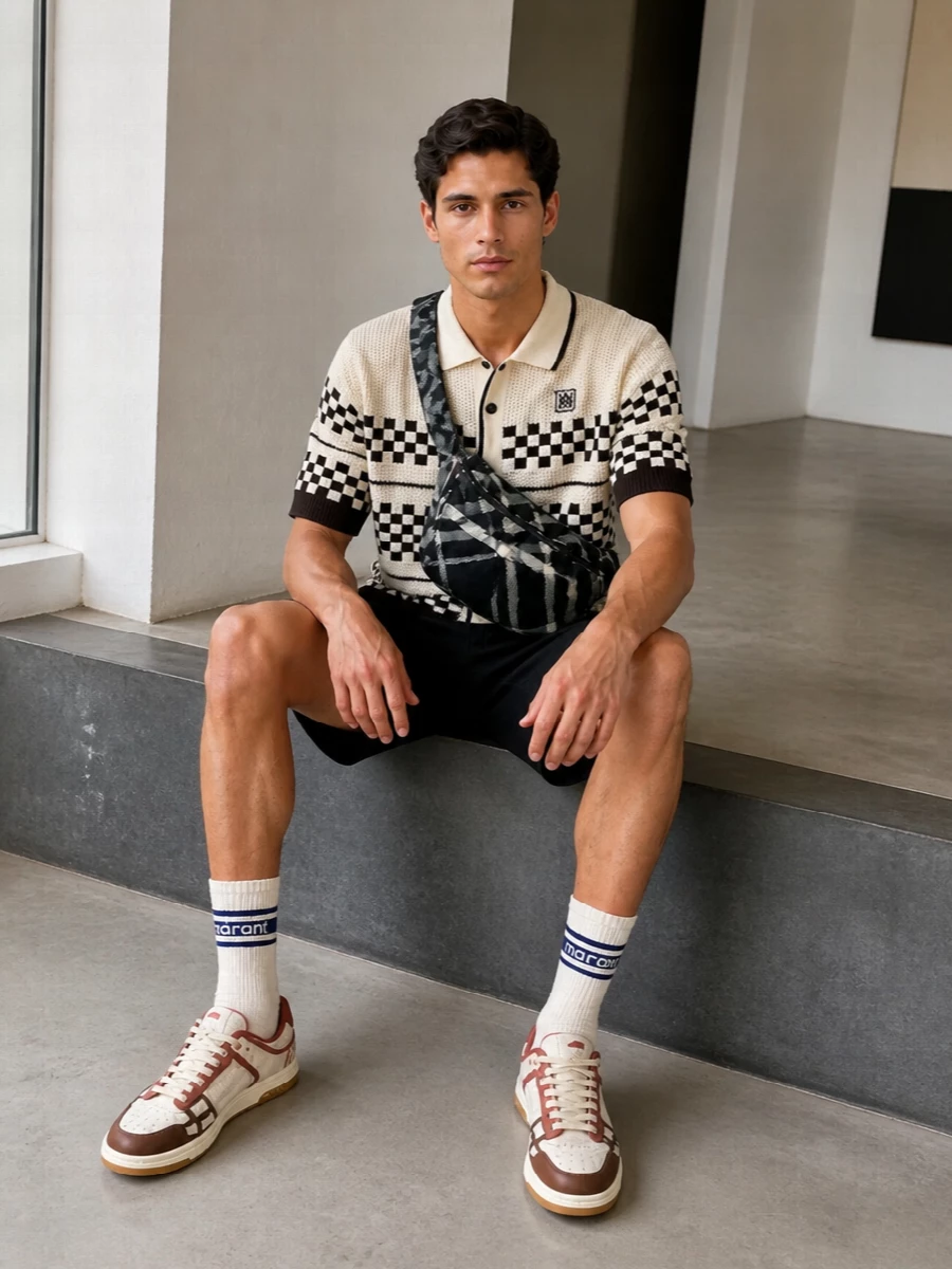 Amiri checkerboard polo outfit shorts sneakers