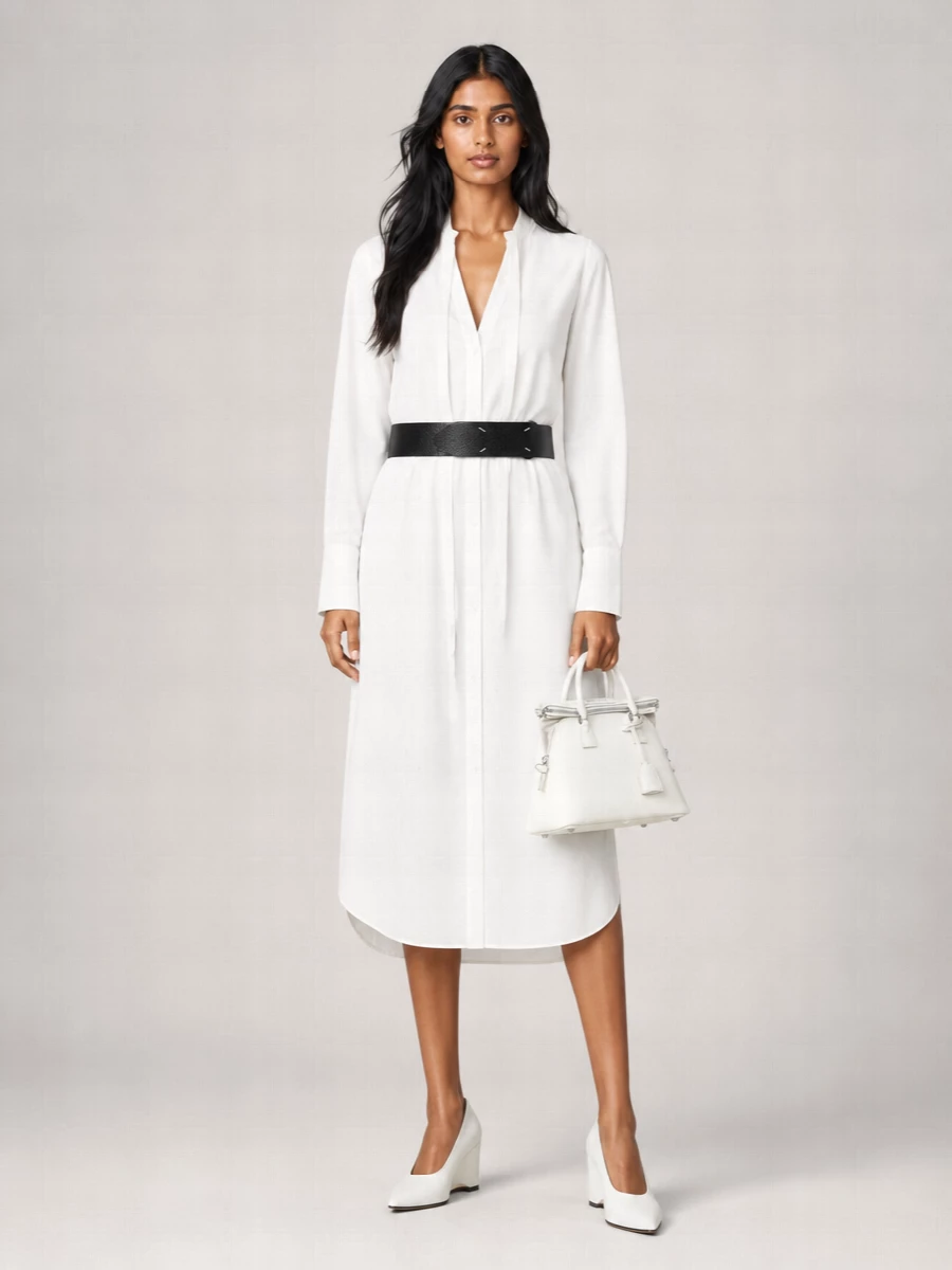 Maison Margiela Cotton Poplin V-Neck Raw-Edge Long-Sleeve Mini Shirt Dress