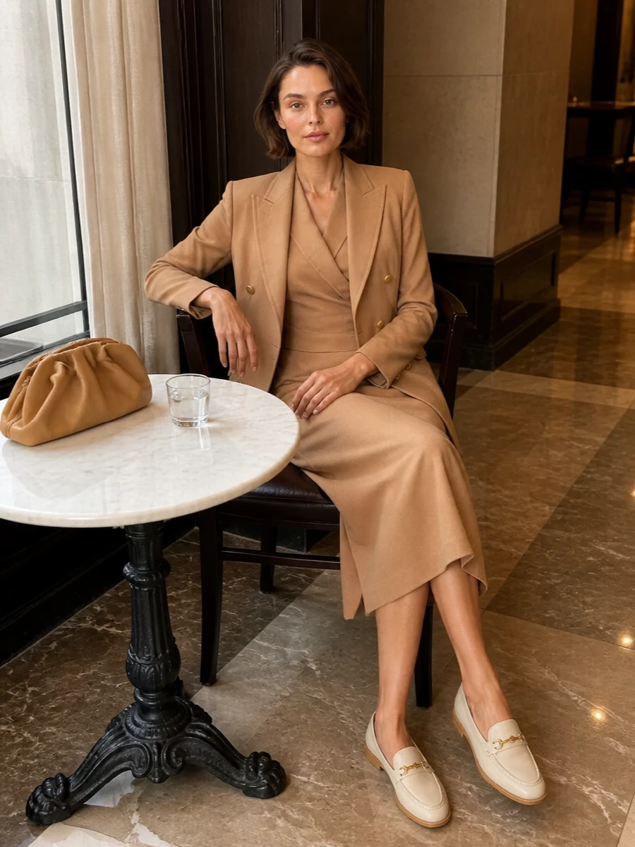 I am styling the blazer-inspired source around a dress anchor rather than more tailoring, to keep the outfit sharp without becoming a full suiting uniform. The camel wrap midi, cream loafers and structured camel clutch create a monochrome, boardroom-to-dinner ensemble that feels deliberate, modern and quietly expensive. Gold accents are kept discreet so the focus stays on proportion and the clean wrap line.