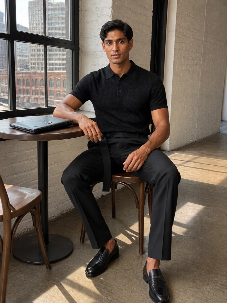 A black Brioni knit polo and Kiko Kostadinov’s high-waisted tailored trouser create a precise, monochrome column that feels quietly confident around the Prada clutch. The sculptural belt detail and soft knit texture keep the outfit modern rather than severe. Polished Louboutin loafers underline the mood, giving you gallery-to-dinner sharpness without tipping into tuxedo territory.