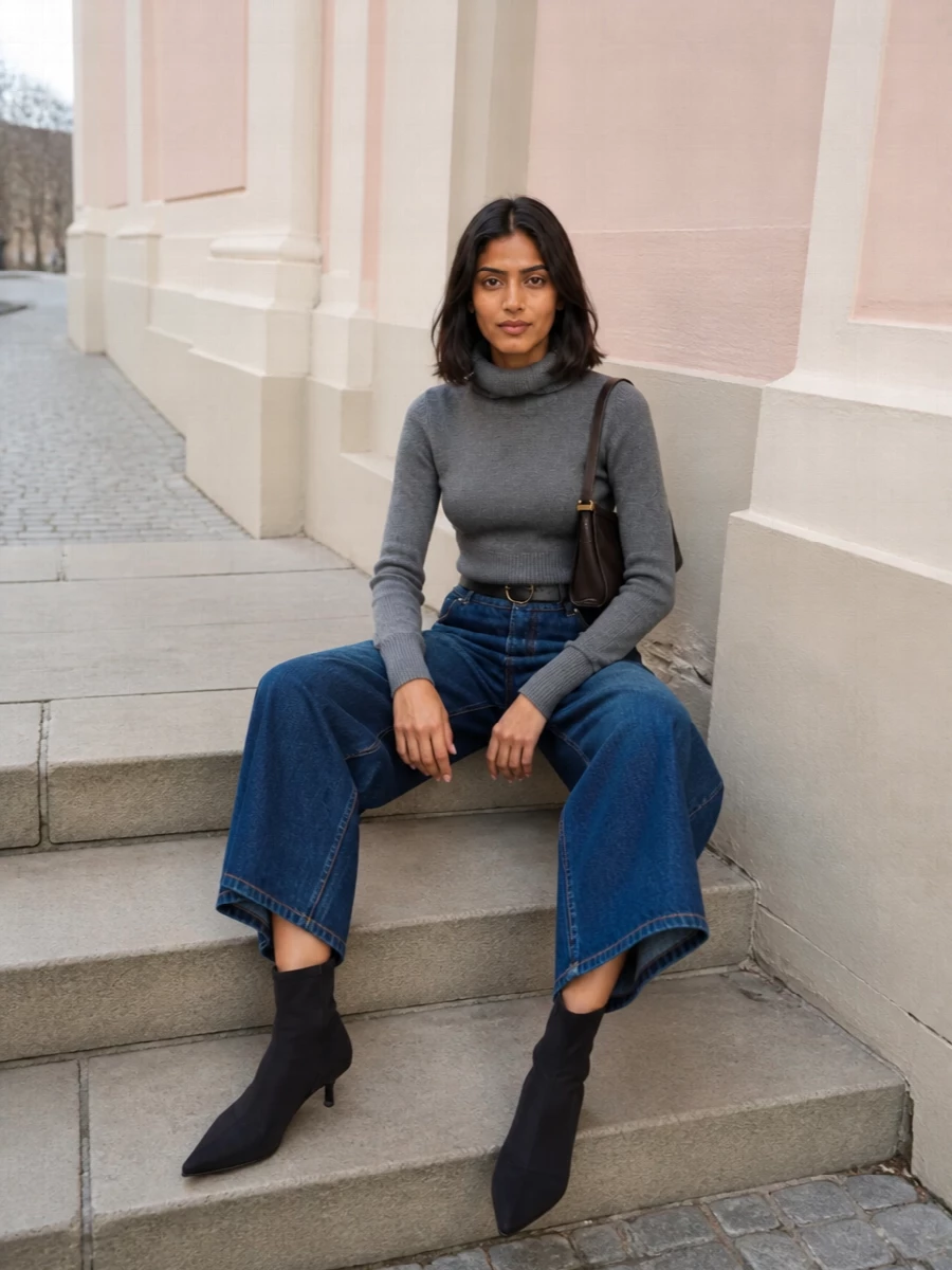 Alaia wide leg denim culottes grey turtleneck