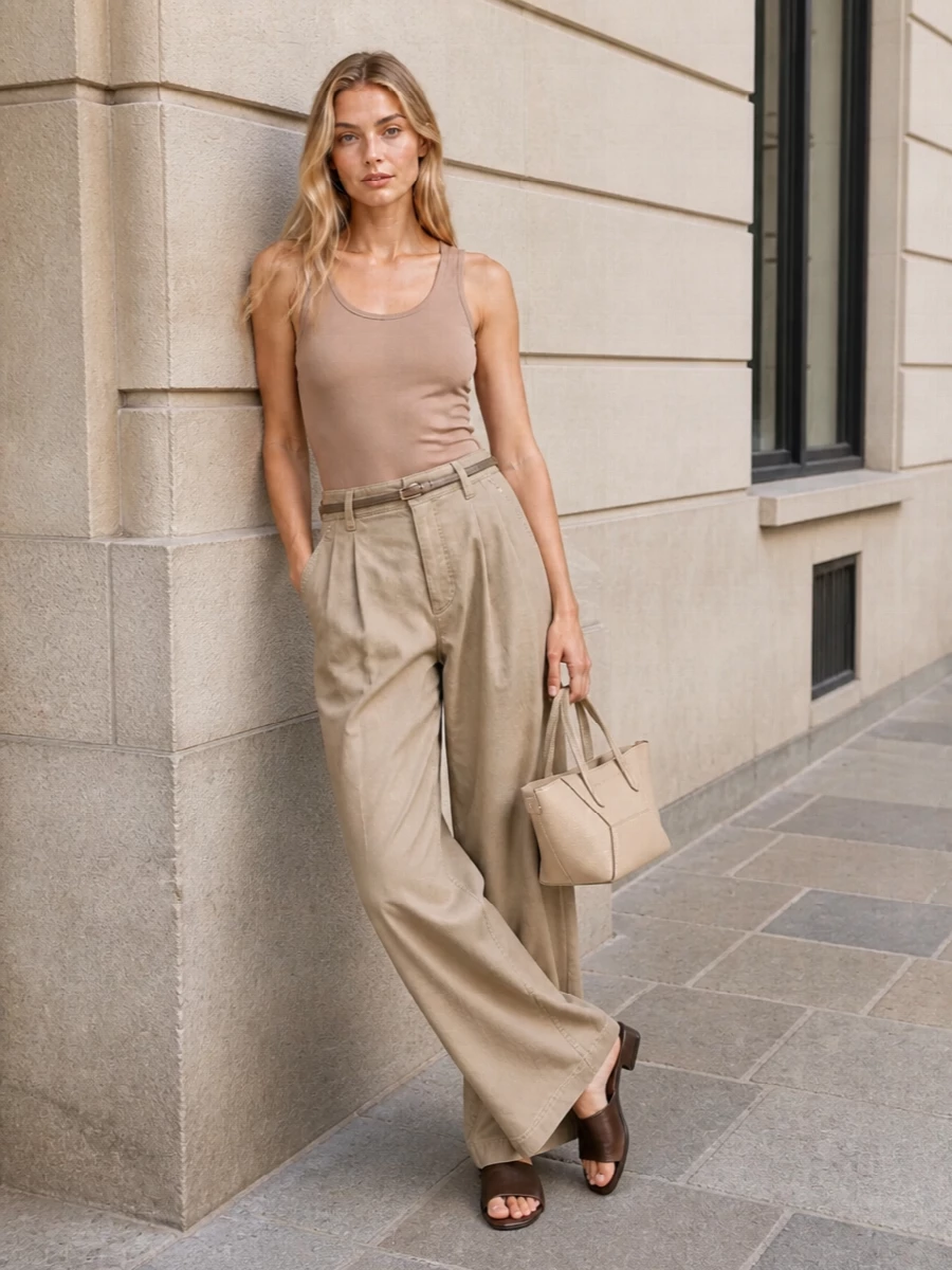 Brunello cucinelli nude tank wide leg trousers outfit