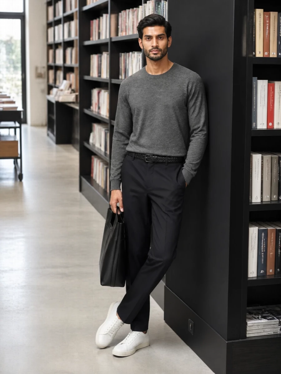 Emporio armani charcoal sweater navy trousers
