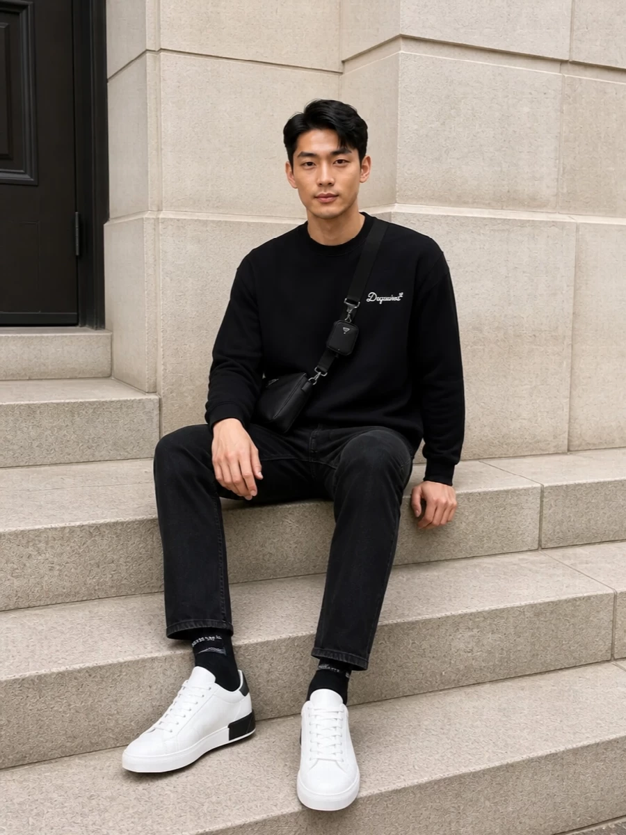 Dsquared2 black sweatshirt washed black jeans outfit