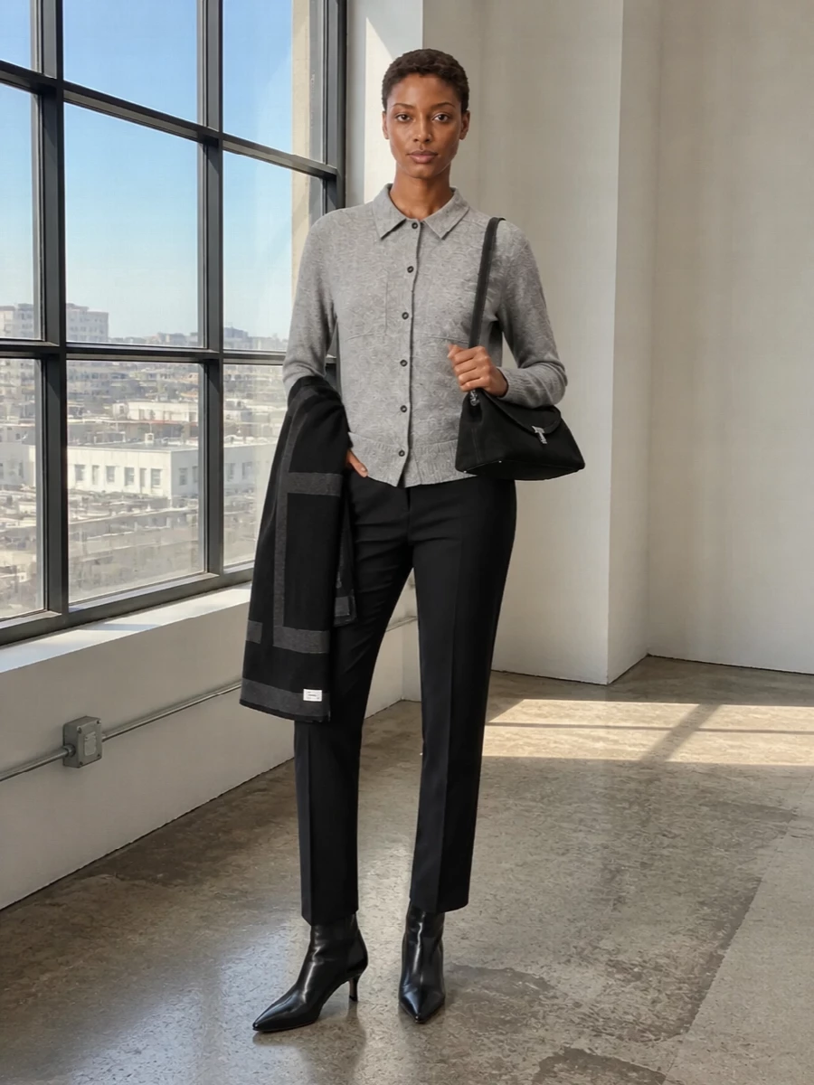 Toteme grey cardigan black trousers boots