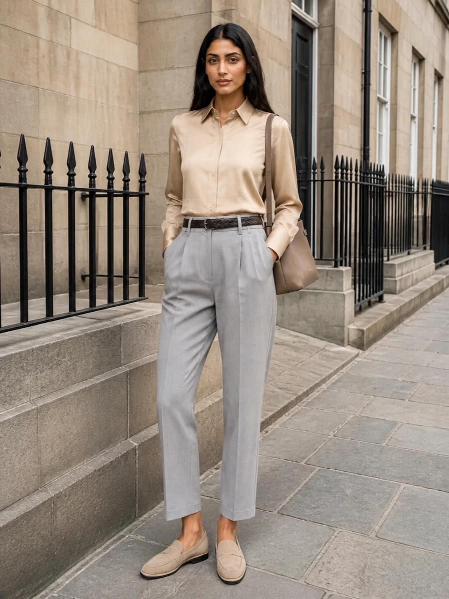 Brunello cucinelli grey trousers beige shirt outfit