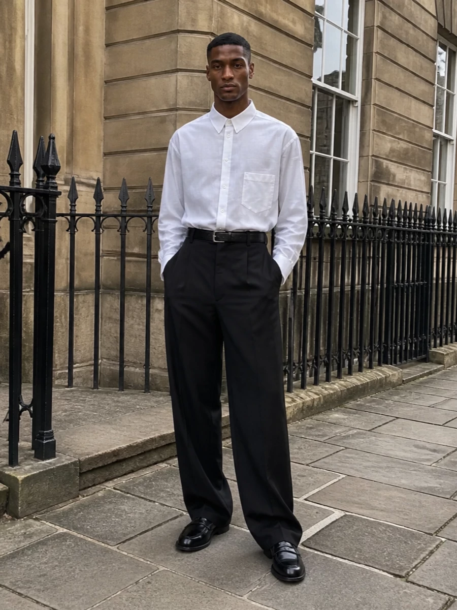 Balenciaga wide leg trousers white shirt loafers