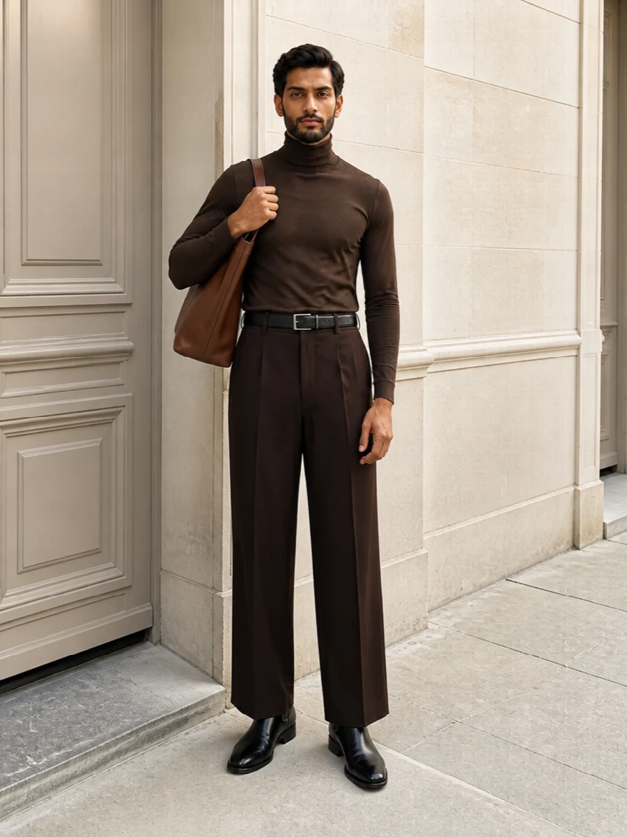 Saint laurent brown turtleneck wide leg trouser