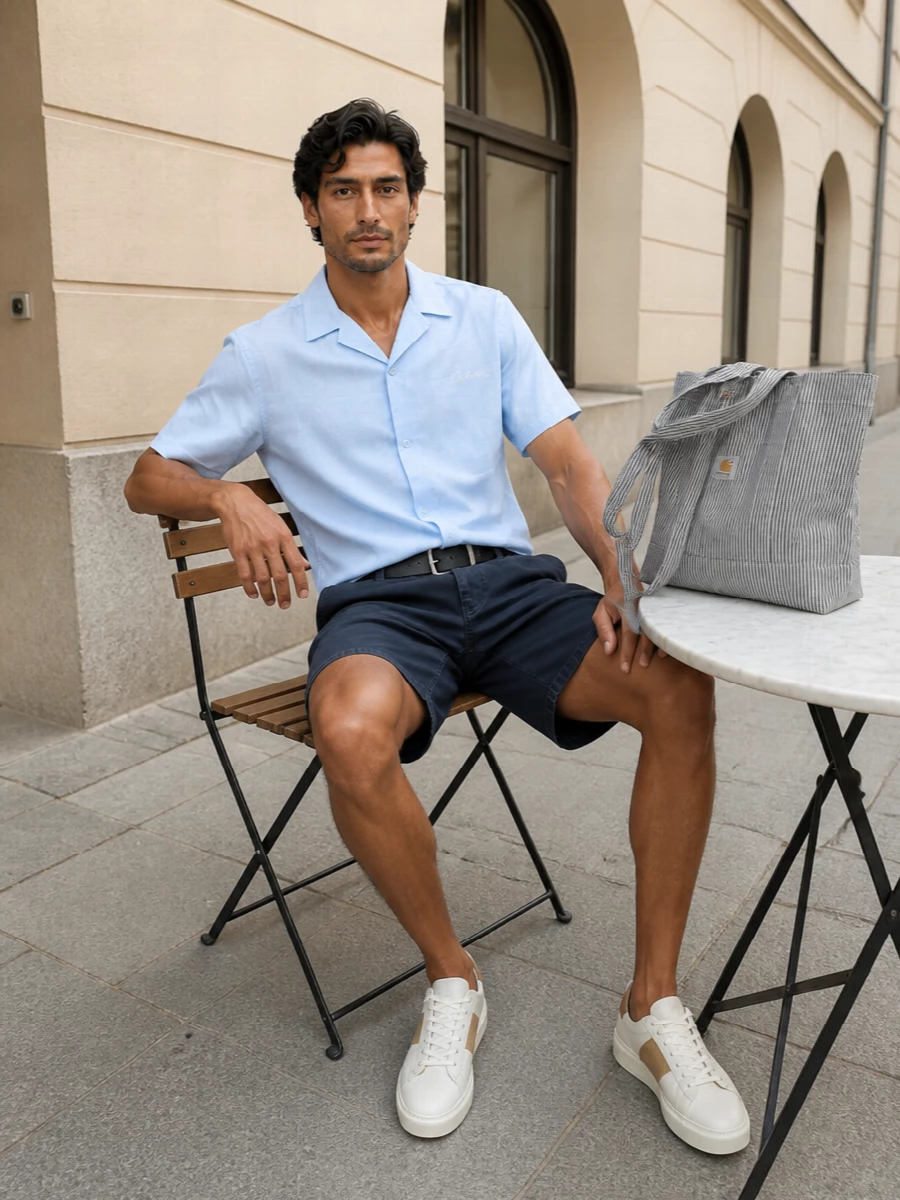 Carhartt navy shorts pale blue shirt sneakers