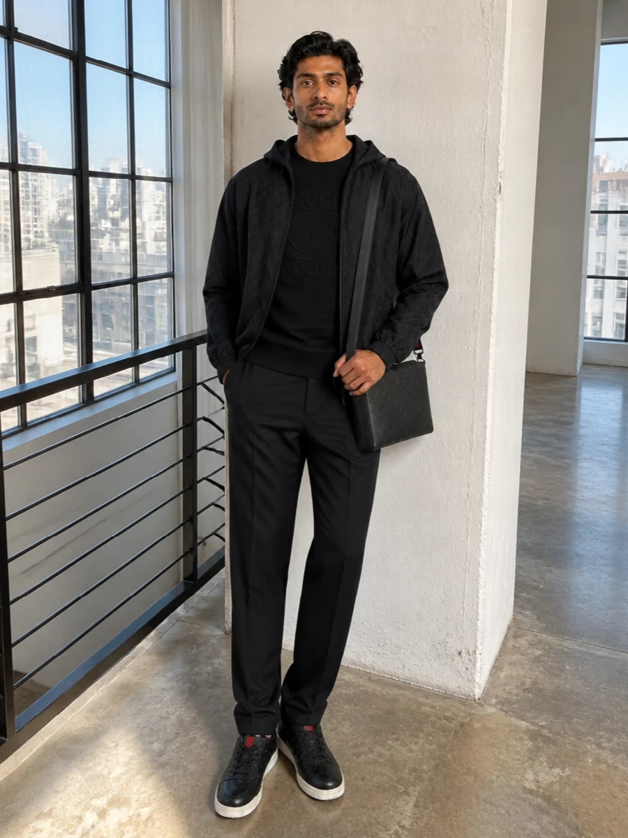 Gucci black monogram jacket track pants outfit