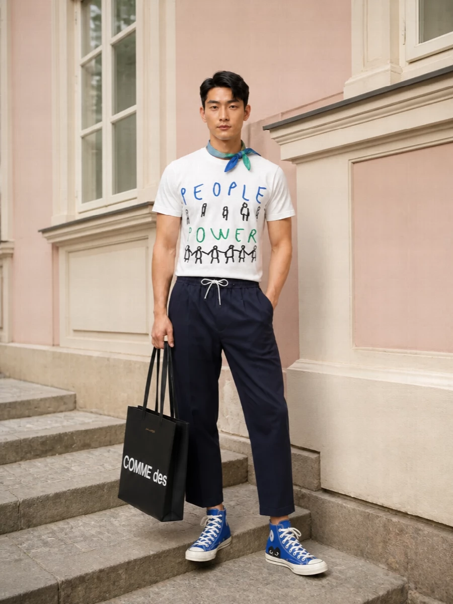 Cdg graphic tee navy trouser cobalt hi tops