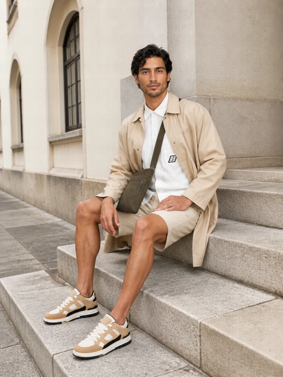 Ambush beige shirt coat outfit with shorts sneakers