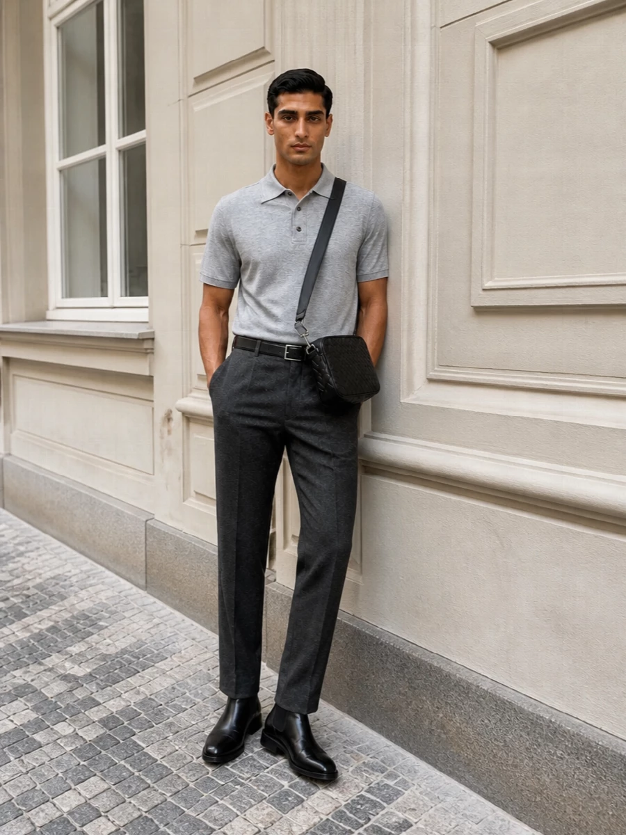 Bottega veneta grey polo charcoal trousers outfit