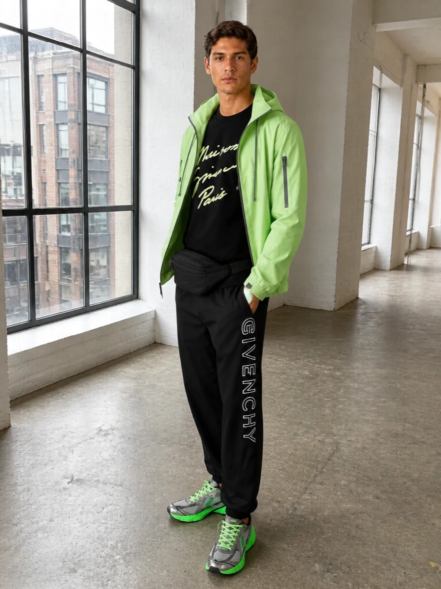 Givenchy neon windbreaker black track pants outfit