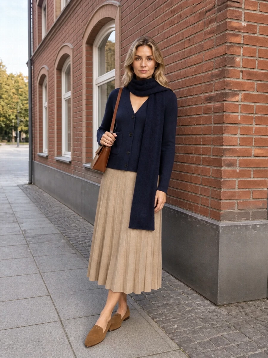 Lisa yang navy cardigan camel pleated knit skirt