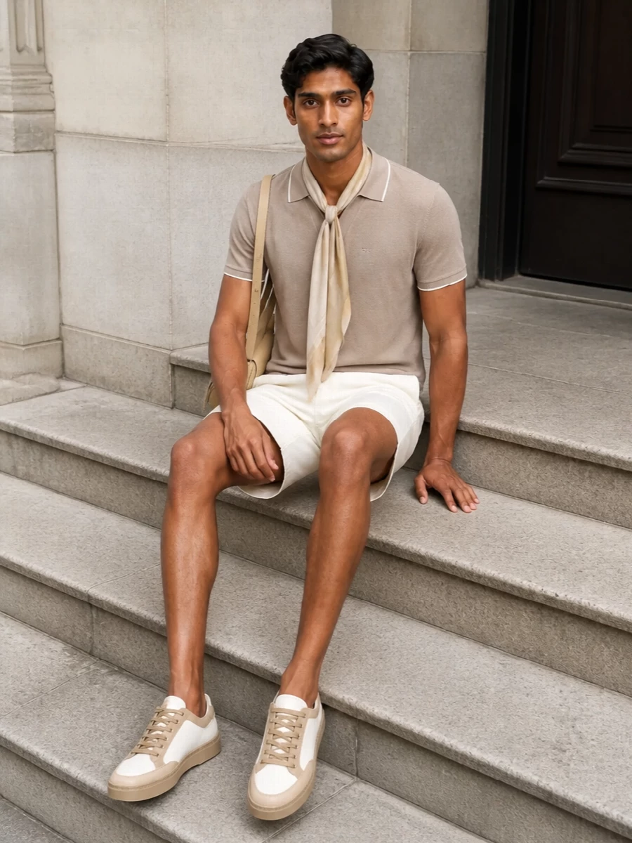 Emporio armani ivory shorts taupe polo sneakers