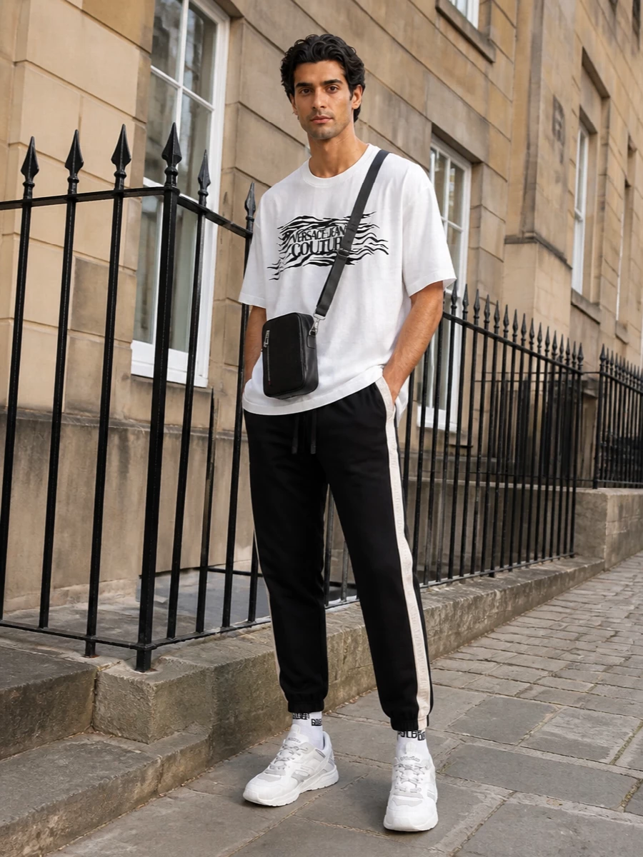 A graphic Versace Jeans Couture tee sits over clean black logo-striped track pants for a relaxed, city-ready take on monochrome streetwear. Chunky white sneakers keep the line sporty, while a compact black crossbody and striped socks add just enough structure and detail for travel days or all-day wear.