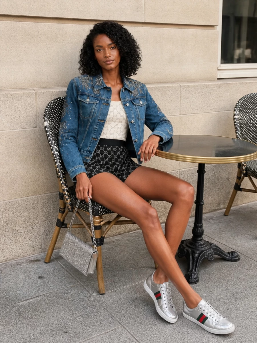Gucci crystal denim jacket outfit sequin shorts