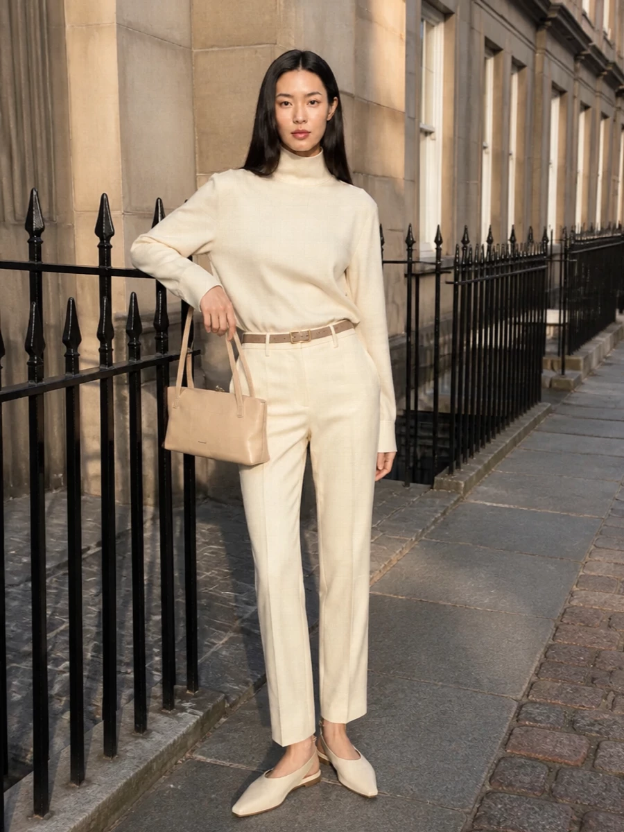 A tonal buttercream ensemble that feels calm, precise and suited to serious days. The high‑neck blouse and straight trouser create a long, uninterrupted line, sharpened gently by pointed flats and a structured shoulder bag. Nuanced neutrals and a slim belt keep the effect intentional rather than saccharine.