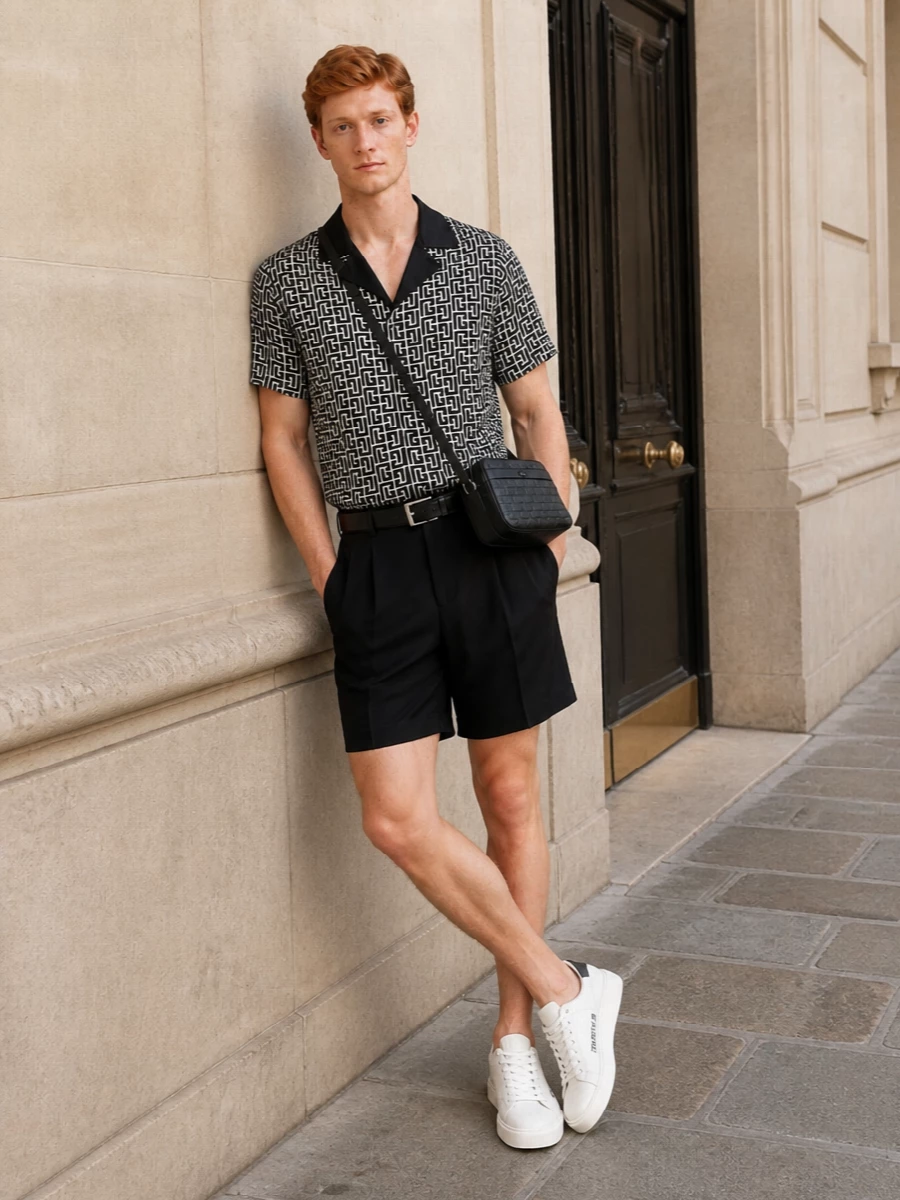 Balmain camp shirt tailored shorts summer outfit